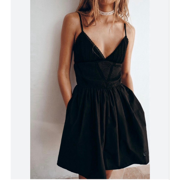 Zara Dresses & Skirts - ZARA Black Babydoll Mini Dress Embroidered Lace Trim S Milkmaid Romantic LBD
